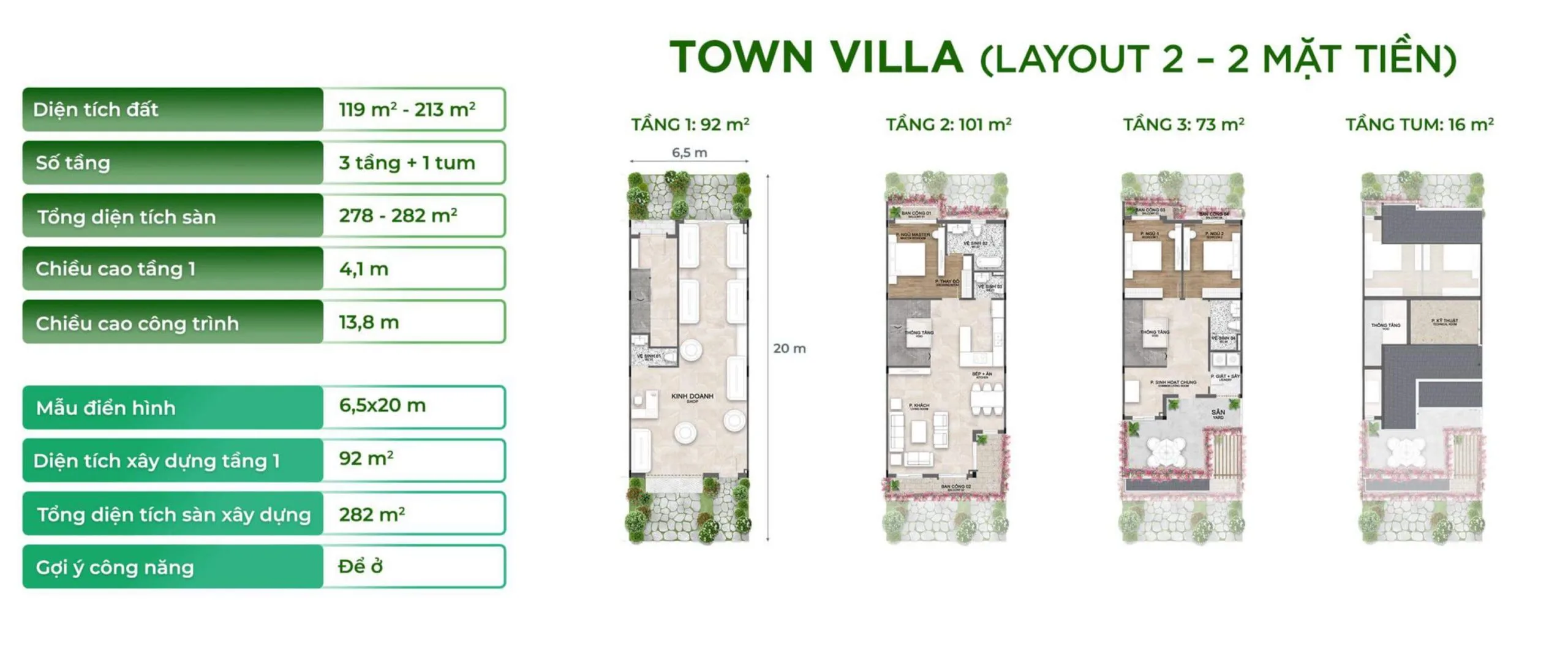layout thiết kế town villa 2 mặt tiền
